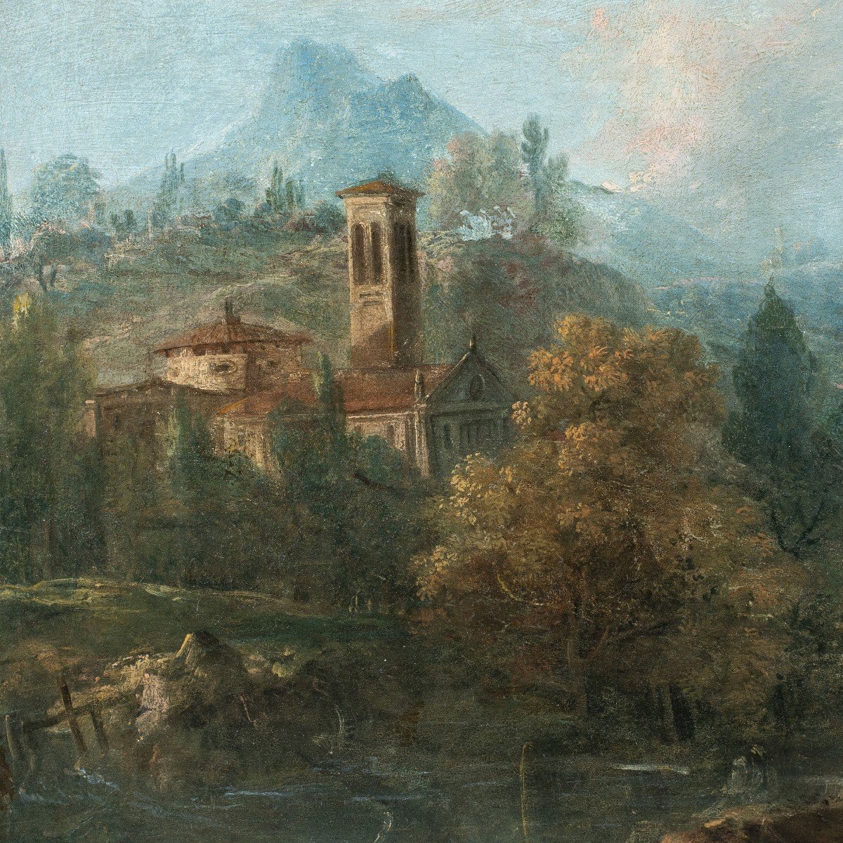 Francesco Zuccarelli (Pitigliano 1702 - Firenze 1788) - Paesaggio fluviale con cavalieri e borg-photo-3