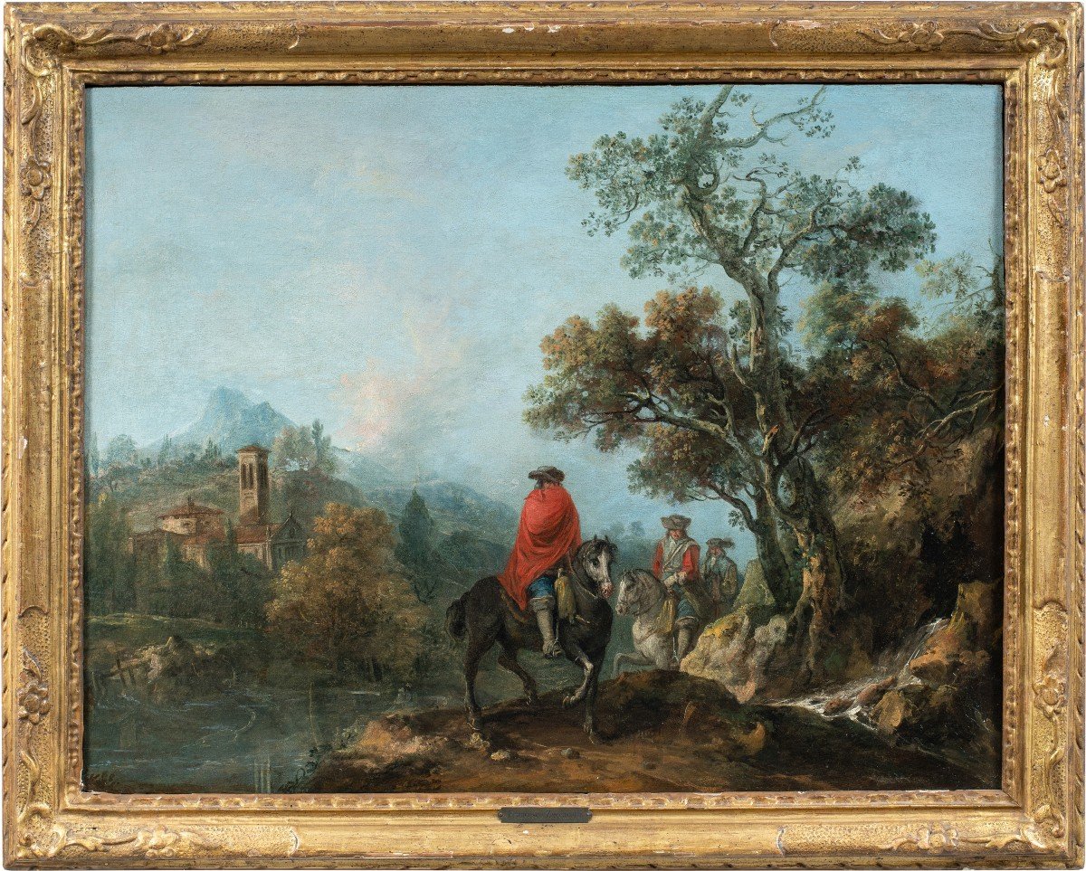 Francesco Zuccarelli (Pitigliano 1702 - Firenze 1788) - Paesaggio fluviale con cavalieri e borg