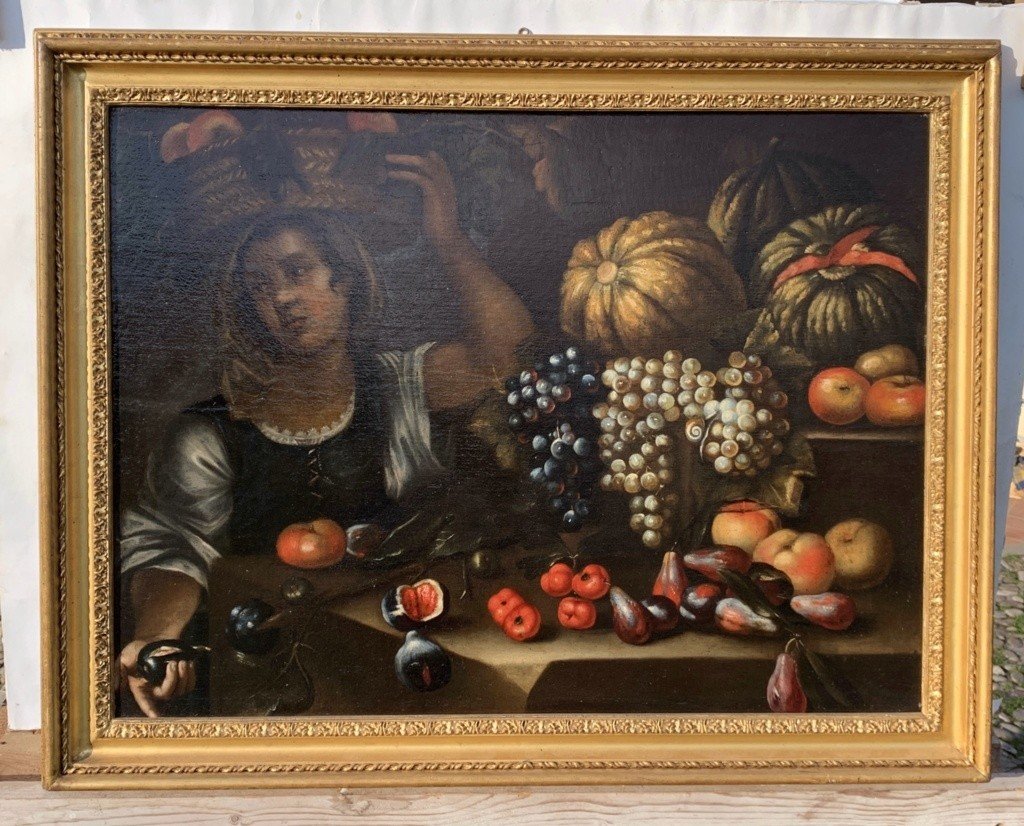 Francesco Annicini (Roma 1632 - post 1679) - Natura morta con fruttivendola.-photo-1