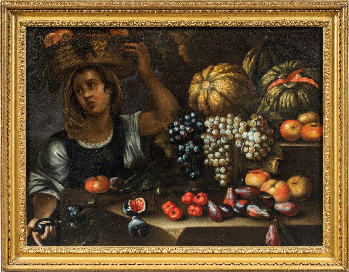 Francesco Annicini (Roma 1632 - post 1679) - Natura morta con fruttivendola.