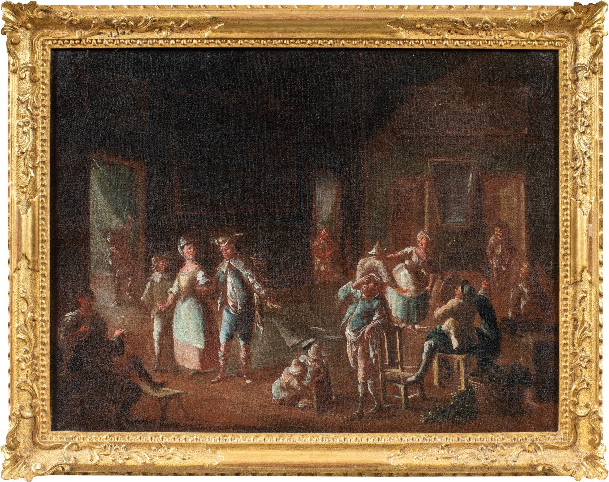 Lorenzo Gramiccia (Cave 1702/1704 - Venezia 1795) - Interni di palazzo con scena di ballo.-photo-1