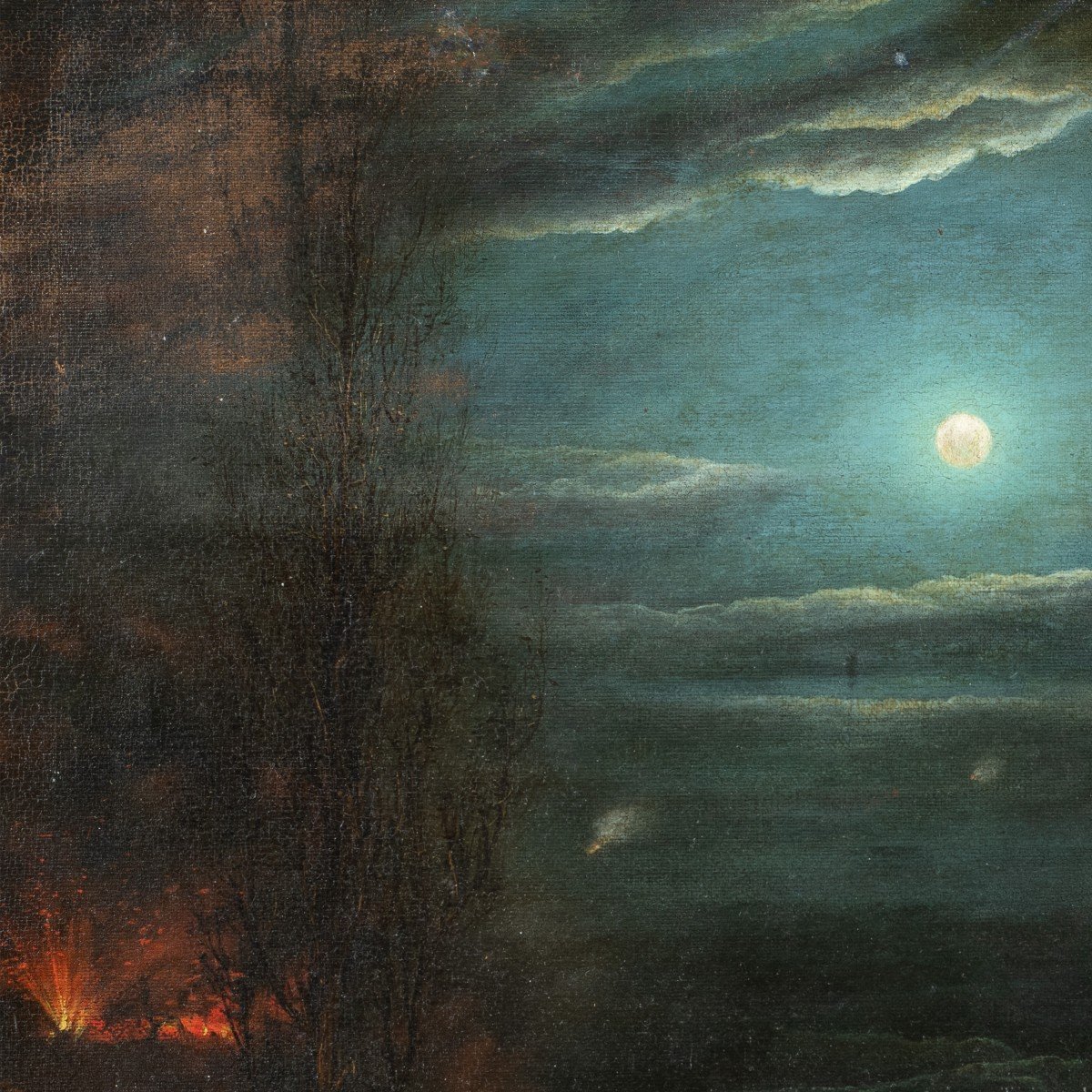 Pittore inglese (inizi XIX sec.) - Paesaggio al chiaro di luna con incendio.-photo-3