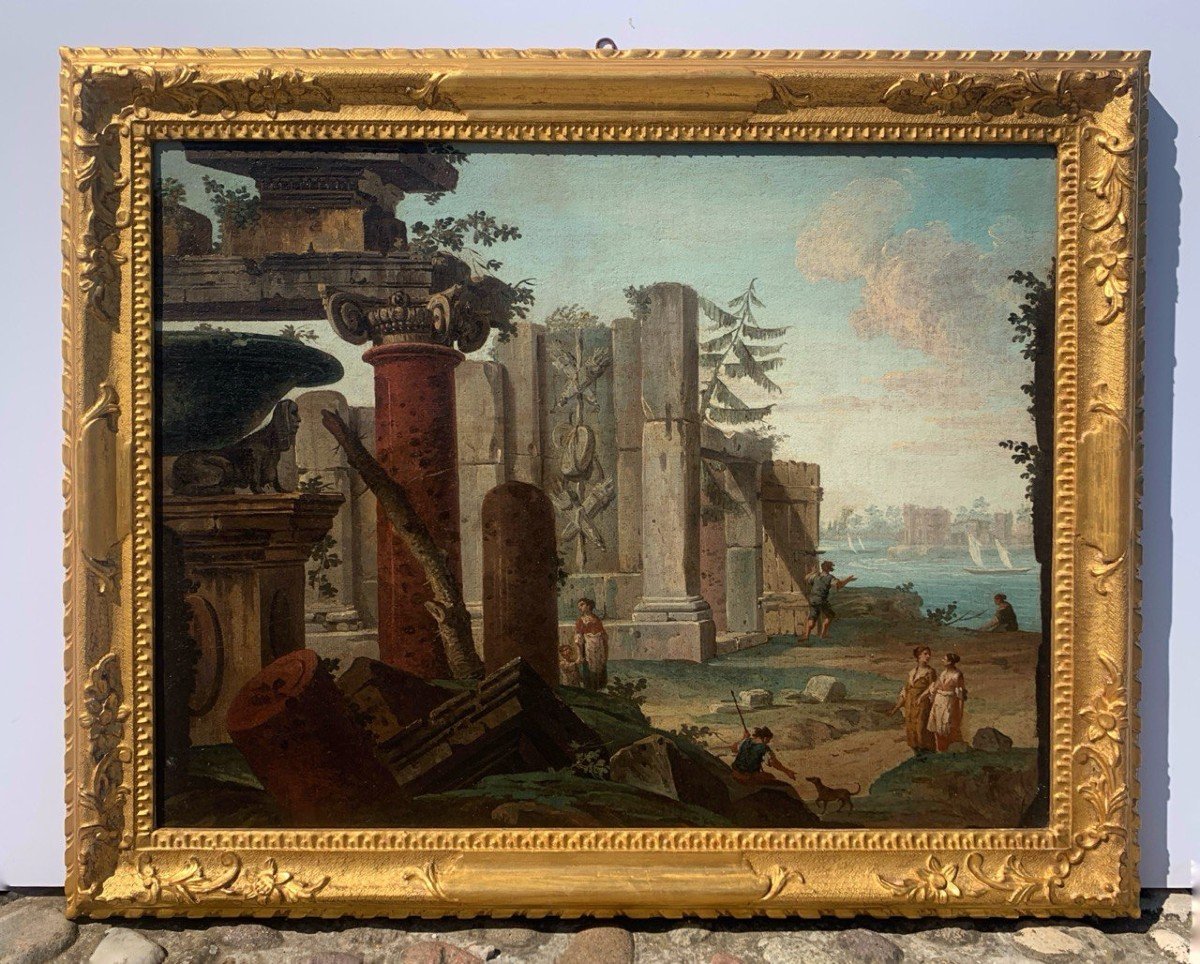 Antonio Joli (Modena 1700 - Napoli 1777) - Capriccio architettonico con rovine e figure.-photo-1