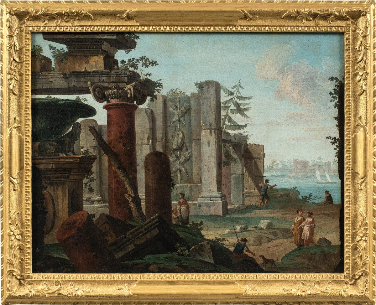 Antonio Joli (Modena 1700 - Napoli 1777) - Capriccio architettonico con rovine e figure.