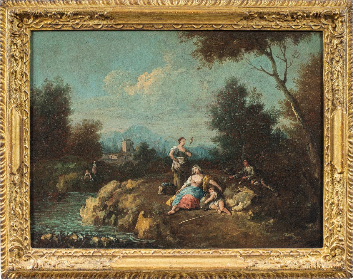 Giuseppe Zais (Forno di Canale 1709 - Treviso 1784) - Paesaggio con pastorelli e filatrice.