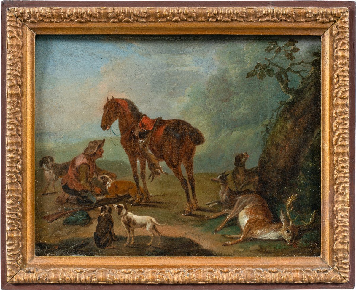 Jean-Baptiste Oudry (Parigi 1686 - Beauvais 1755) cerchia di - Scena di caccia con levrieri.