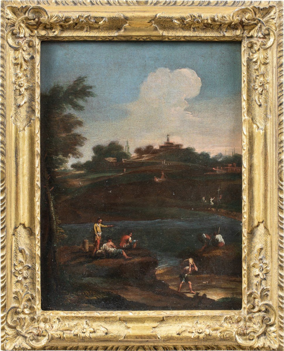 Pittore veneziano (XVIII sec.) - Paesaggio fluviale con personaggi.