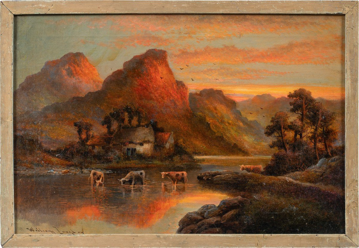 William Langton (British, fine XIX sec.) - Lago al tramonto.