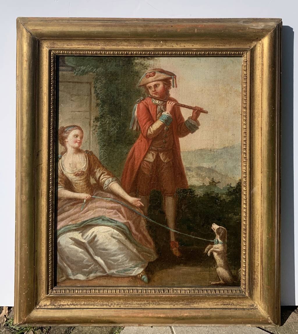 Pittore francese (XVIII sec.) - Suonatore di flauto e cane.-photo-1