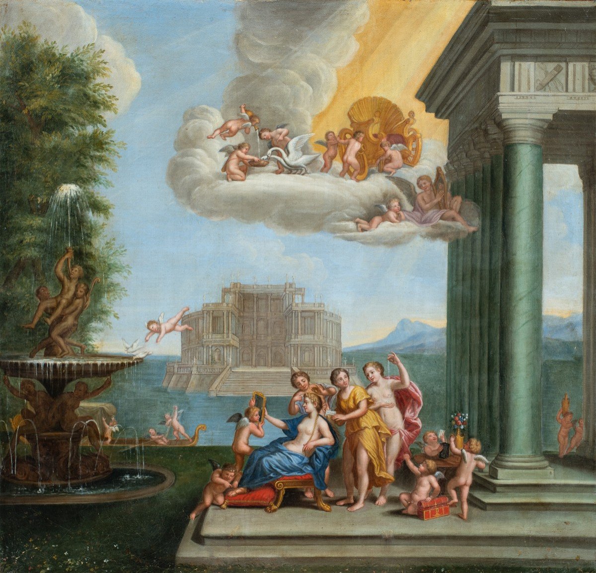 Francesco Albani (Bologna 1578 - Bologna 1660) bottega di - Toelette di Venere.