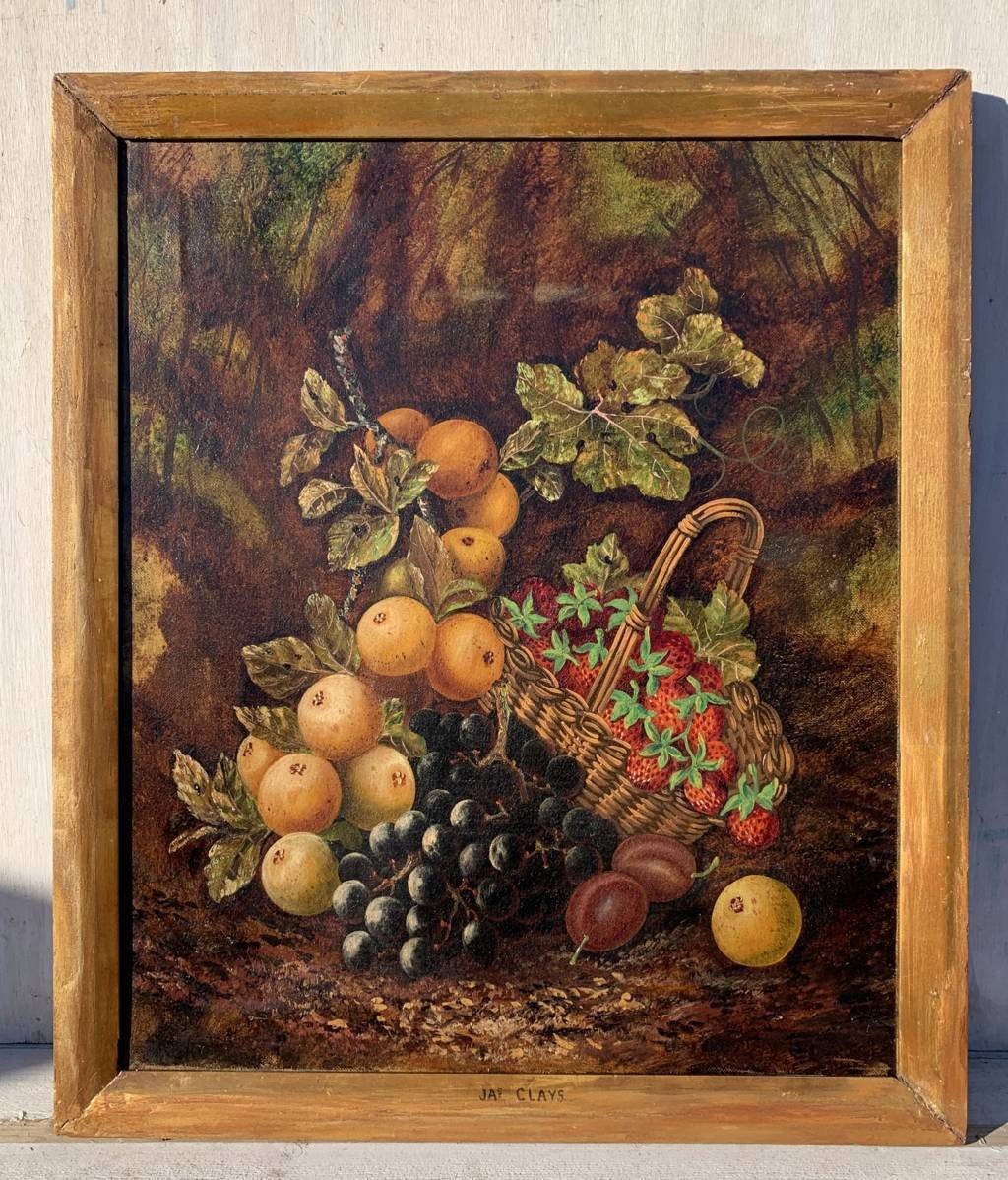 J. Clays (British, XIX-XX sec.) - Natura morta con cesto di frutta.-photo-4