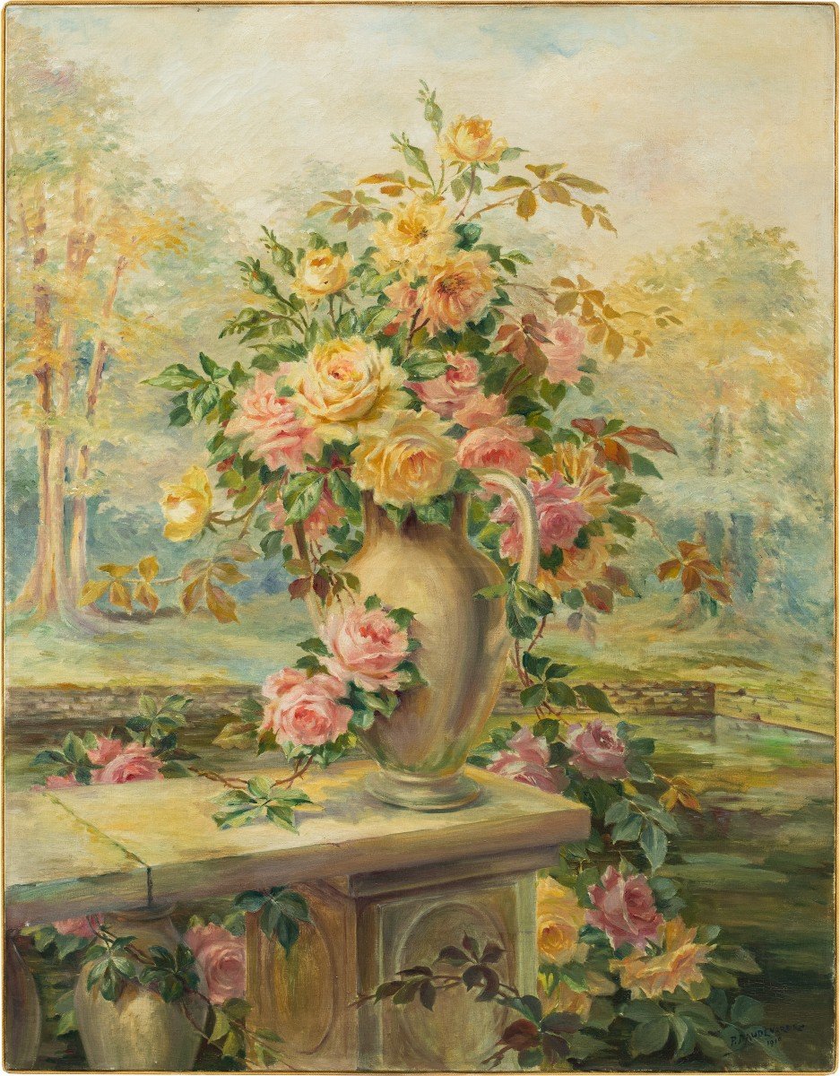 Pittore francese (datato 1919) - Natura morta con vaso di rose.