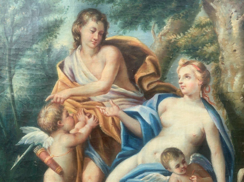 Seguace di François Lemoyne (XIX sec.) - Scena mitologica con due putti e levrieri.-photo-1