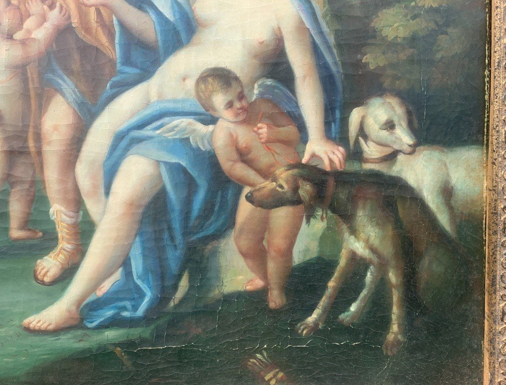 Seguace di François Lemoyne (XIX sec.) - Scena mitologica con due putti e levrieri.-photo-2