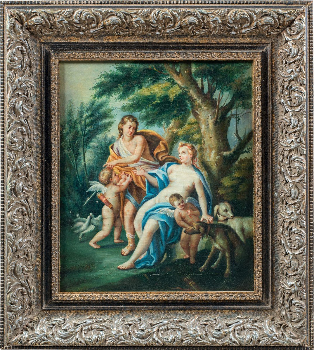 Seguace di François Lemoyne (XIX sec.) - Scena mitologica con due putti e levrieri.