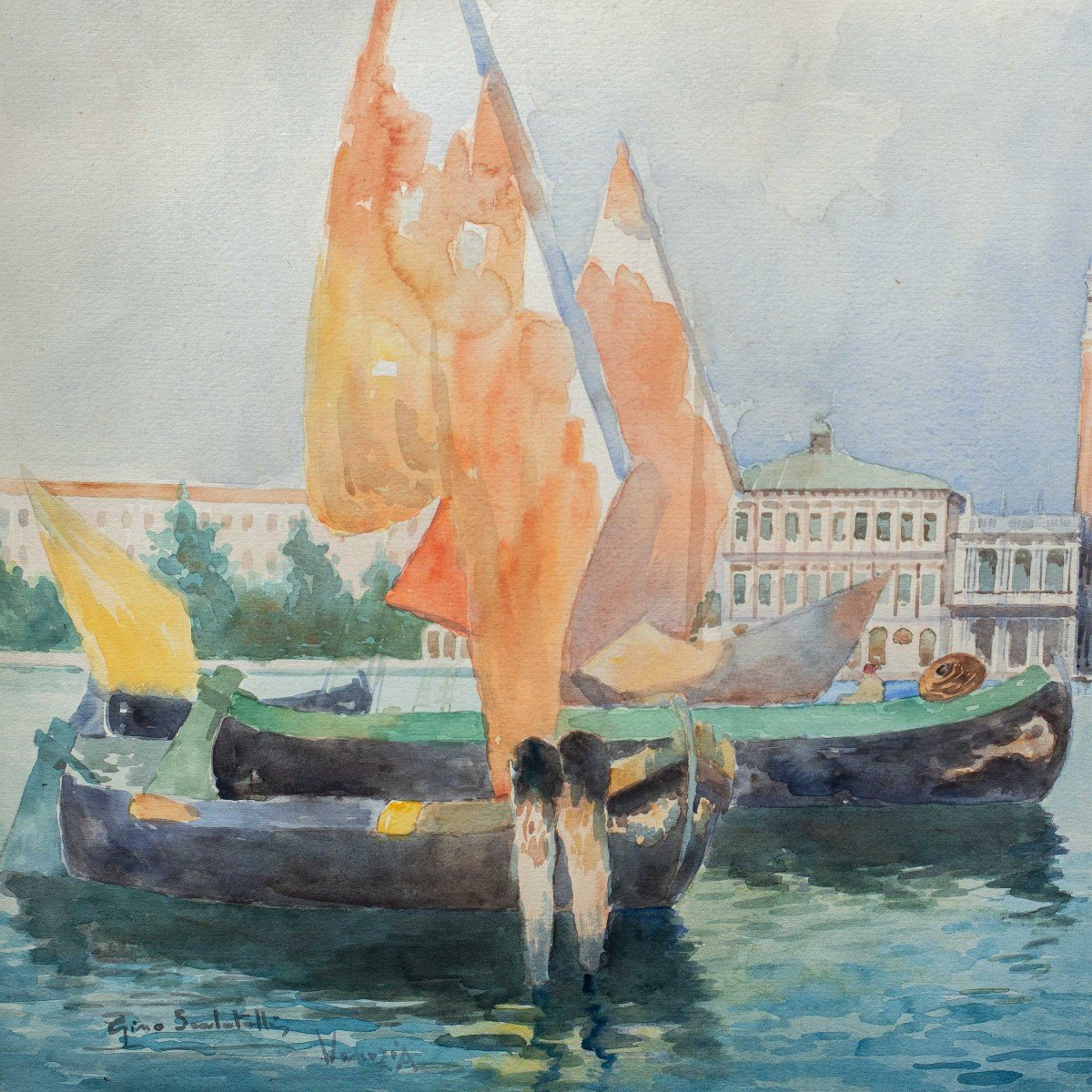 Gino Scalatelli (Venezia 1870 - Venezia 1920) - Venezia, veduta del bacino di S. Marco.-photo-2