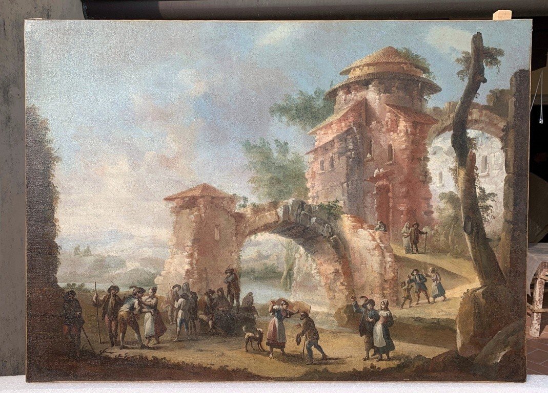 Pittore italiano (XVIII sec.) - Paesaggio con rovine e personaggi.-photo-1