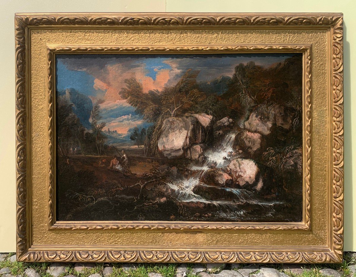 Antonio Maria Marini (Venezia 1668 - Venezia 1725) - Paesaggio roccioso con soldati e cascata.-photo-1