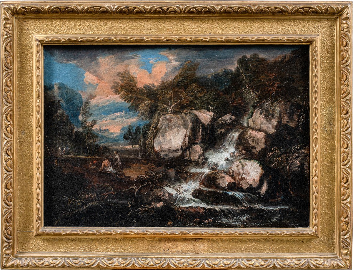 Antonio Maria Marini (Venezia 1668 - Venezia 1725) - Paesaggio roccioso con soldati e cascata.