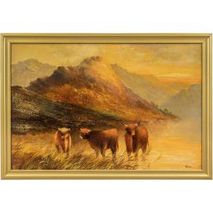 Frank Walters (Britannico, XIX-XX secolo) - Bestiame delle Highlands al lago.