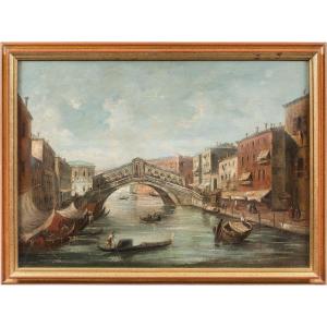 F. Guarana (Veneziano, XIX sec.) - Veduta del Canal Grande con il Ponte di Rialto a Venezia.