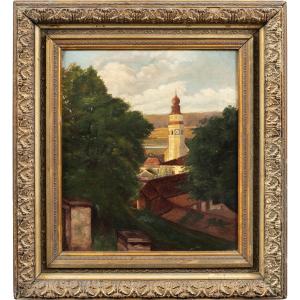 Pittore europeo (XIX-XX sec.) - Paesaggio con paese e campanile.
