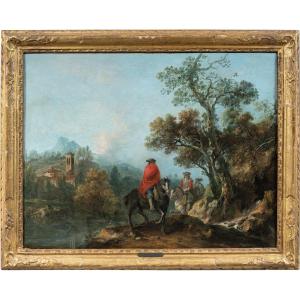 Francesco Zuccarelli (Pitigliano 1702 - Firenze 1788) - Paesaggio fluviale con cavalieri e borg