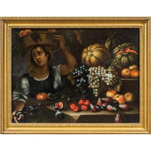 Francesco Annicini (Roma 1632 - post 1679) - Natura morta con fruttivendola.