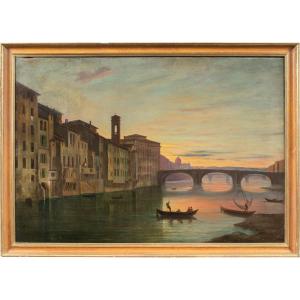 Pittore italiano (XIX sec.) - Firenze, veduta del Lungarno presso il ponte Santa Trinita.