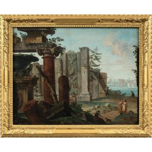 Antonio Joli (Modena 1700 - Napoli 1777) - Capriccio architettonico con rovine e figure.