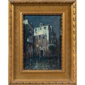 Vittore Zanetti Zilla (Venezia 1864 - Milano 1946) - Canale veneziano di notte.