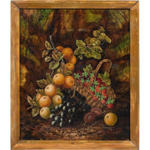 J. Clays (British, XIX-XX sec.) - Natura morta con cesto di frutta.