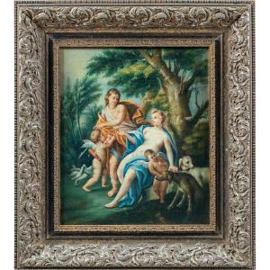 Seguace di François Lemoyne (XIX sec.) - Scena mitologica con due putti e levrieri.