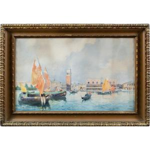 Gino Scalatelli (Venezia 1870 - Venezia 1920) - Venezia, veduta del bacino di S. Marco.