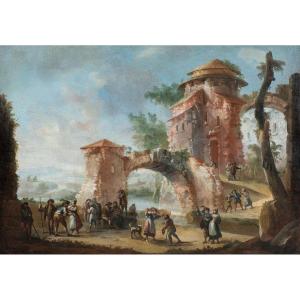 Pittore italiano (XVIII sec.) - Paesaggio con rovine e personaggi.