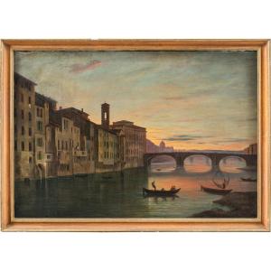 Pittore italiano (XIX sec.) - Firenze, veduta del Lungarno presso il ponte Santa Trinita.