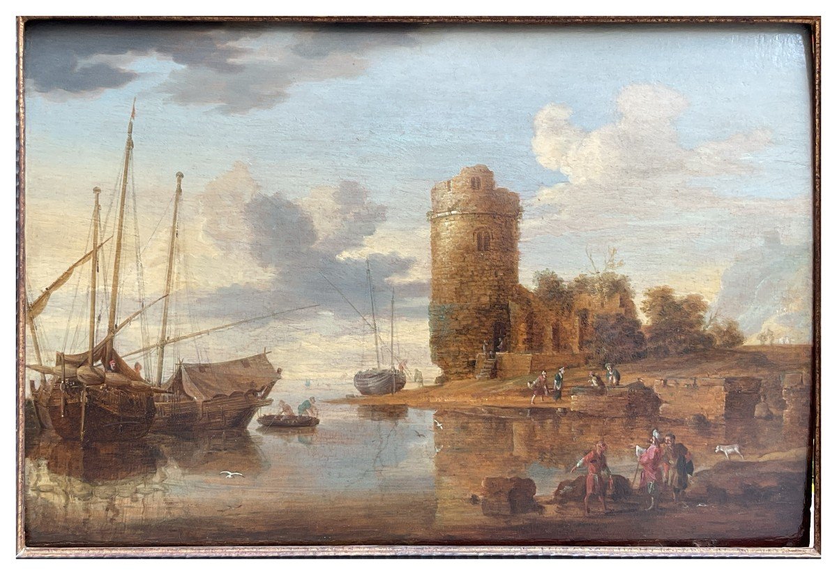 Bonaventura Peeters, Veduta di porto con torre, barche e personaggi-photo-2