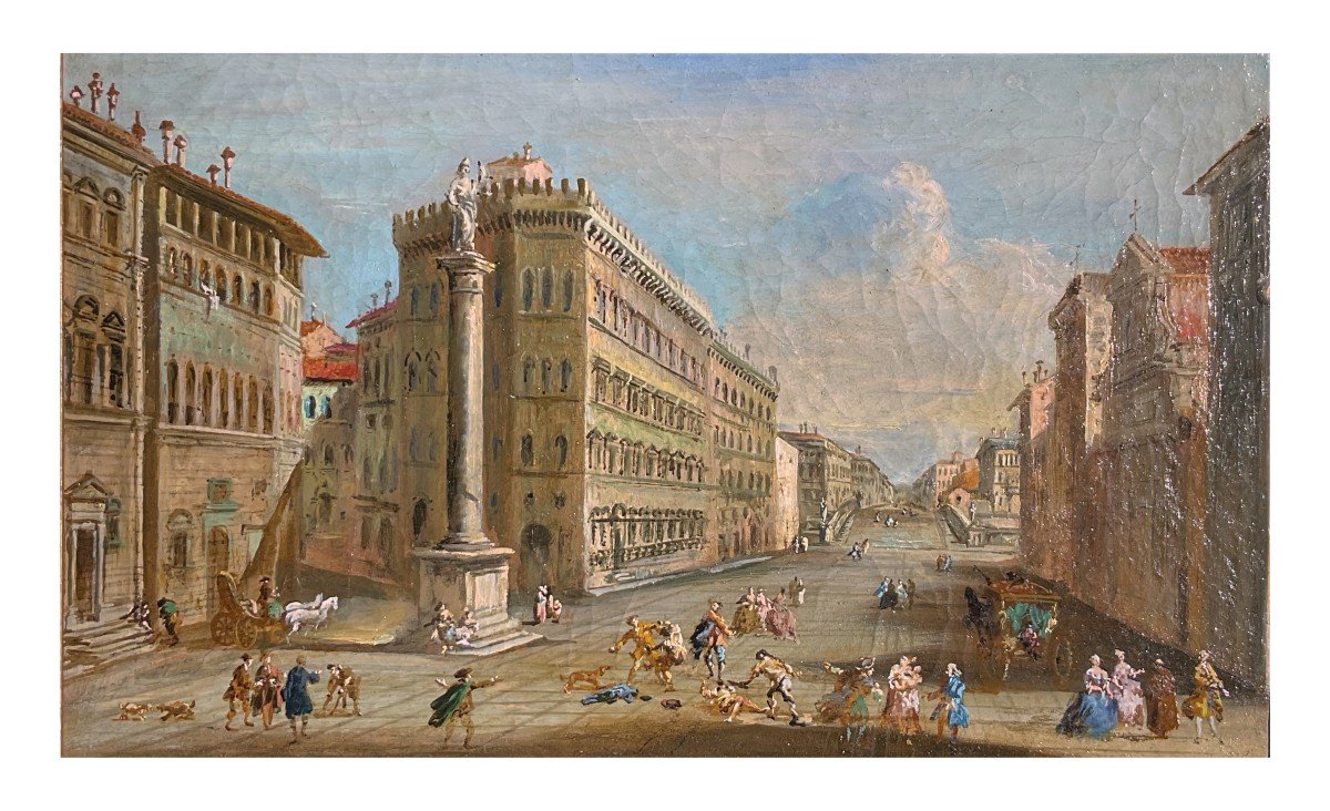 Giuseppe Zocchi (cerchia di), Veduta di Piazza Santa Trinita a Firenze, olio su tela-photo-2