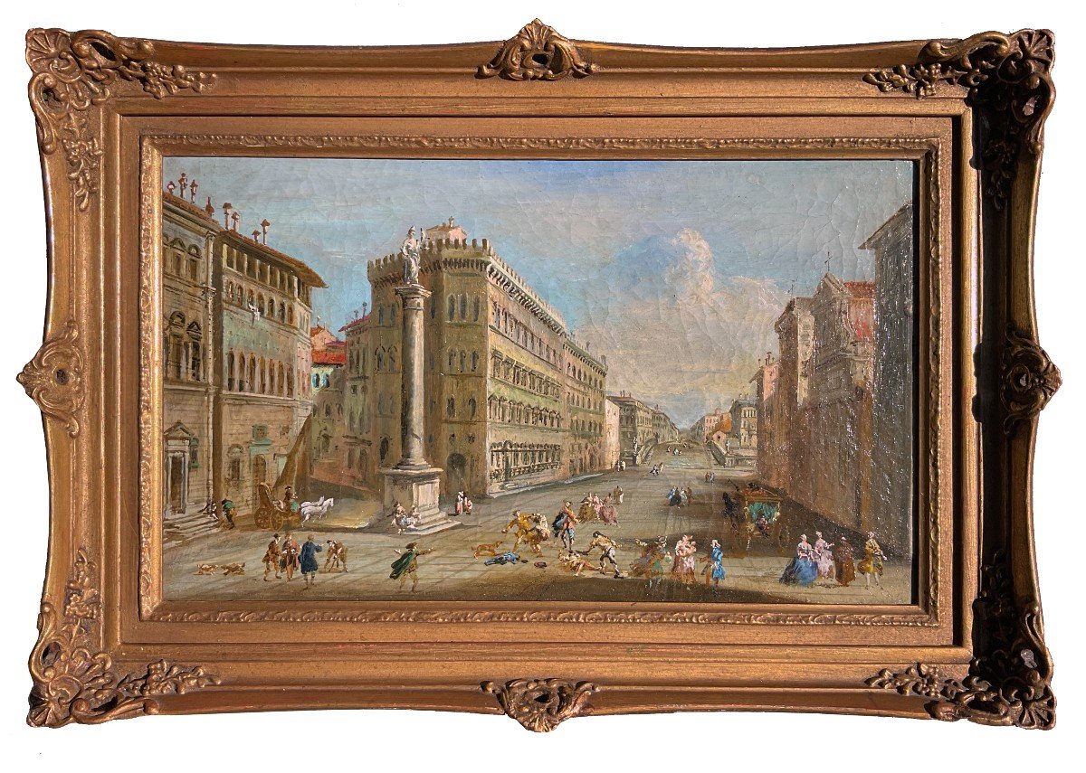 Giuseppe Zocchi (cerchia di), Veduta di Piazza Santa Trinita a Firenze, olio su tela